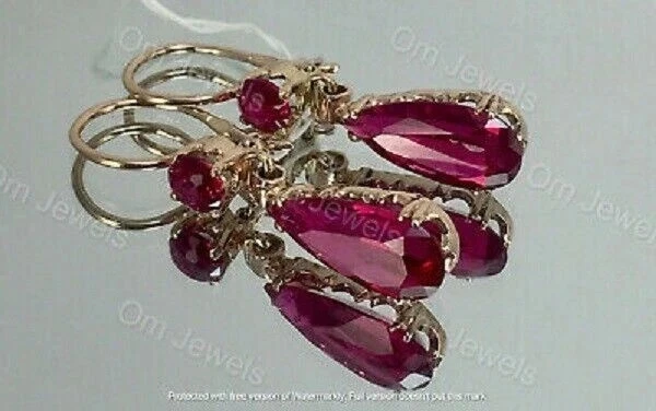 3.5Ct Lab Created Ruby Pretty Women's Dangle Earrings 14K Yellow Gold Plated - Image 3 of 3
