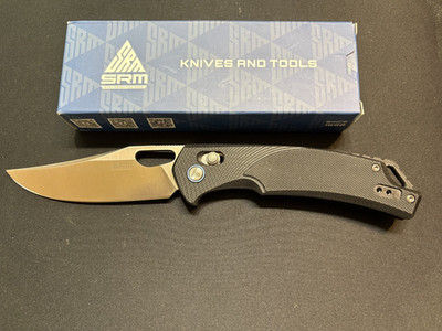SRM Retriever 9201, D2 Clip Point Satin Blade, Black G10 Handles with Lanyard