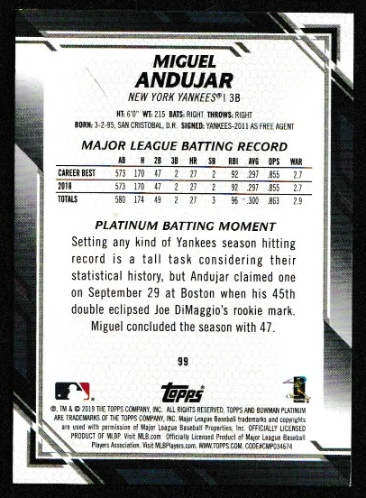2019 Bowman Platinum Miguel Andujar #99 Blue Foil 129/150 New York Yankees - Image 2 of 2