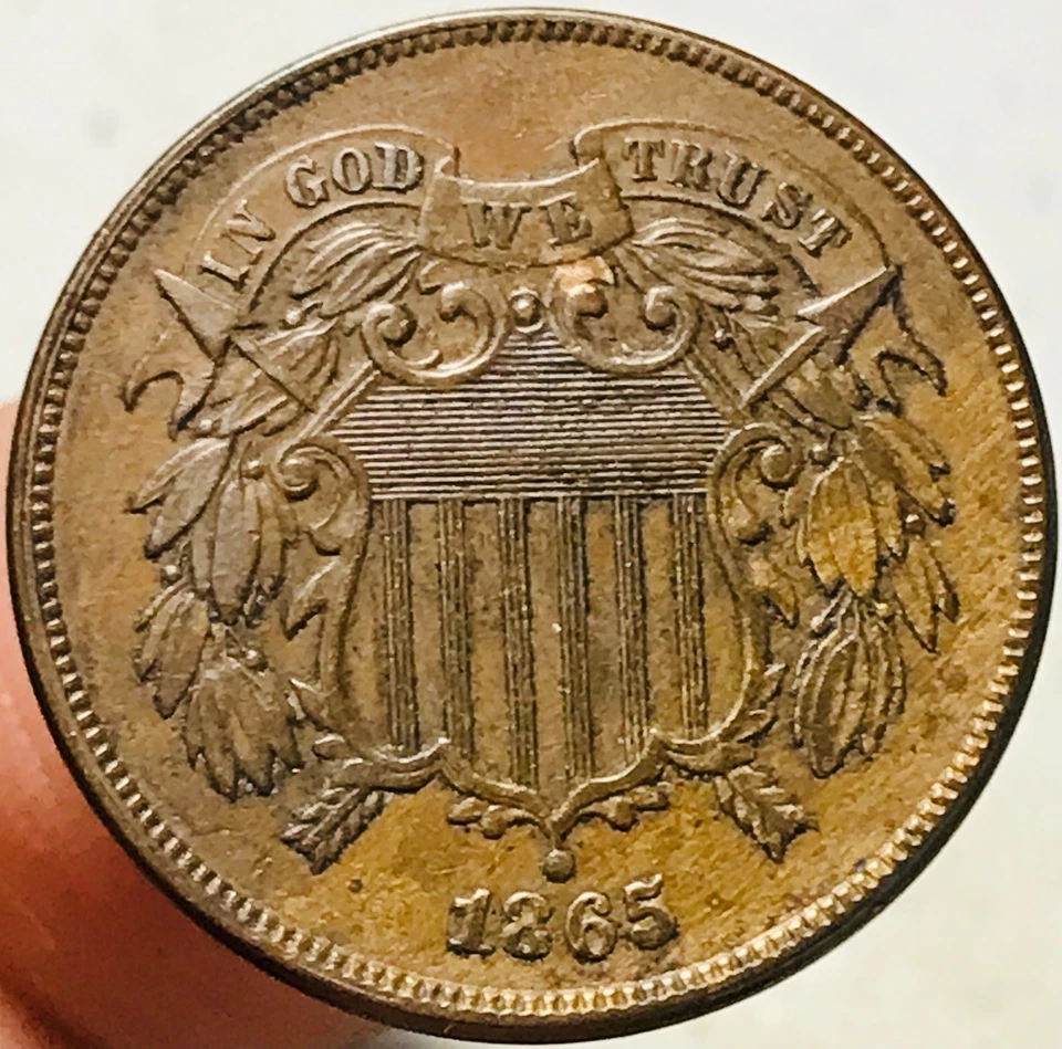 1865 Two Cent Piece 2C FULL MOTTO Civil War Era US Copper Coin CC27379 - Image 3 of 4