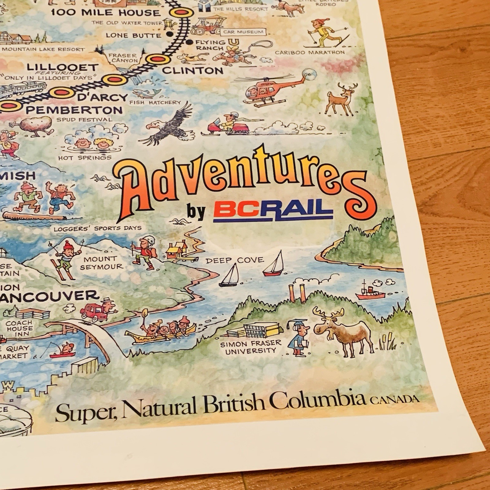 Adventures By BC Rail Cartoon Map Poster Vintage Tourism British Columbia Canada