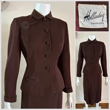 1940s Holladay Fashion Gabardine Wool Suit Set Peplum Jacket Talon Zip Skirt VTG