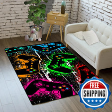 Gamer Area Rug Green Hand Drawn Gamepad Kids Teens Room Playroom