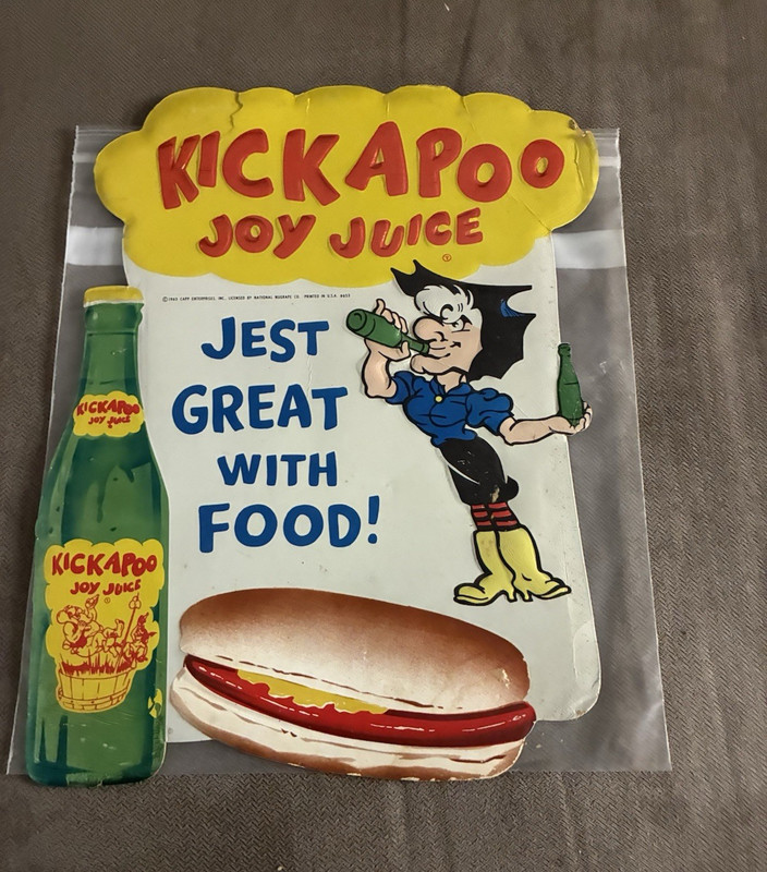 Kickapoo Joy Juice Soda Sign "Jest Great With Food!" 1965 Original