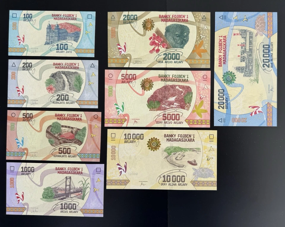 MADAGASCAR 20000 10000 5000 2000 1000 500 200 100 ARIARY FULL SET 2017 GEM UNC - Image 2 of 2