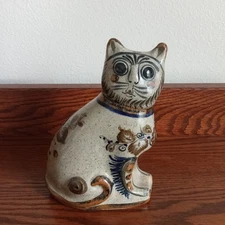 Tonala Mexican Pottery - Hand Painted Cat Figurine Signed S.B.