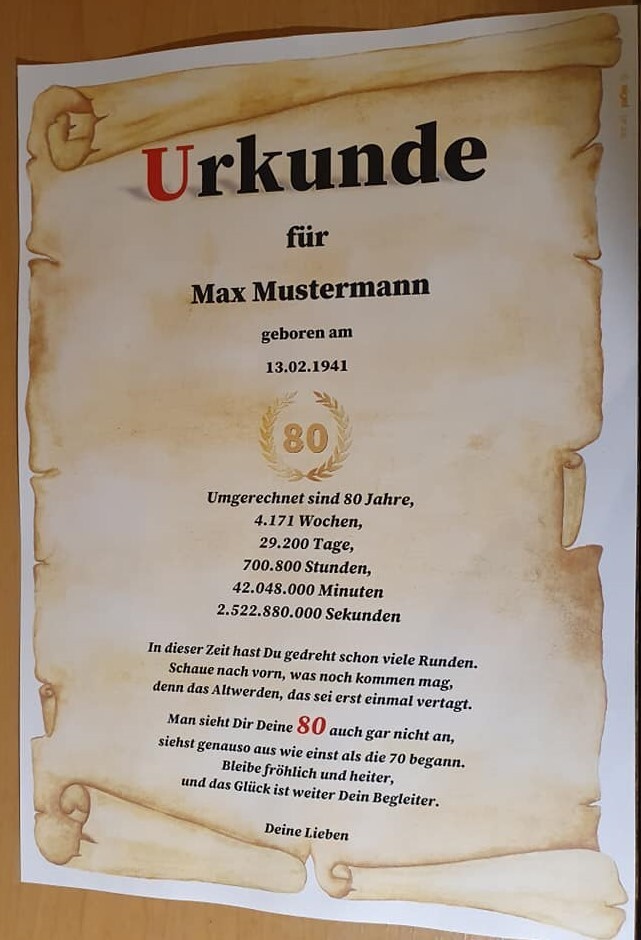 Urkunde Glückwunschkarte zum 80.Geburtstag persönliche Urkunde Geburtstagskarte
