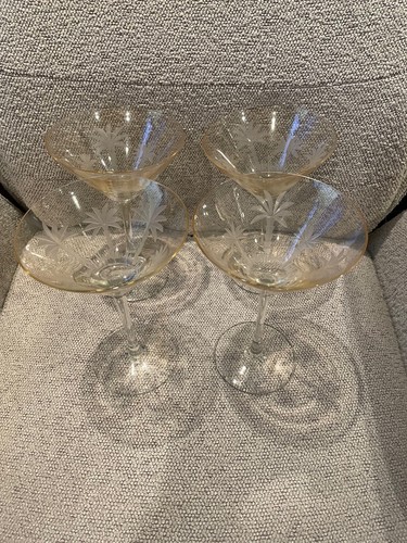 RARE SET OF 4 LARGE LENNOX AMBER BRITISH COLONIAL GLASS MARTINI PALM TREES