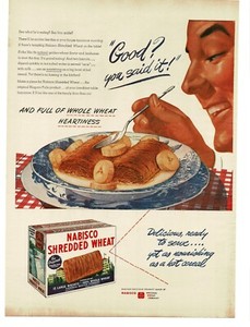 1945 Nabisco Shredded Wheat with bananas in blue bowl Vintage Print Ad