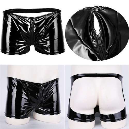Men Latex Boxer Shorts Wetlook Briefs Backless Zipper Pouch Underwear