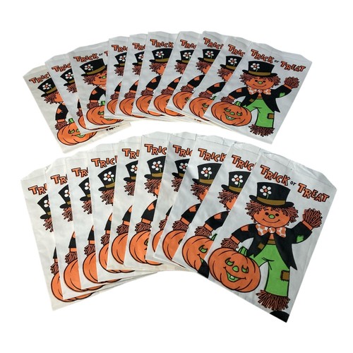 20 Vtg Halloween Trick Treat Candy Party Bags w/ Scarecrow Pumpkin, 6x3 in 1980s