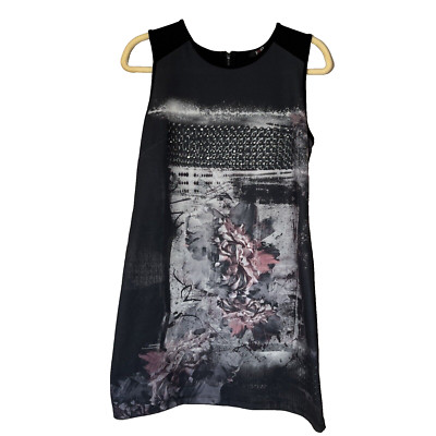 Yest Multicolor Sleeveless Embellished Stretch Shift Dress 8 Black Abstract