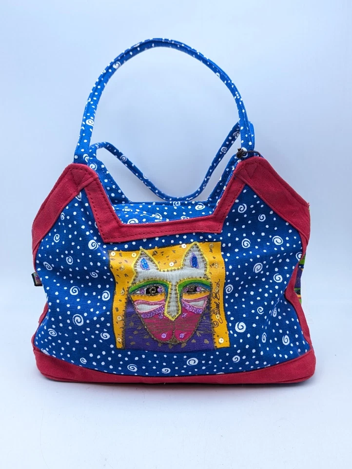 Laurel Burch Cat Purse Double Sided Red Blue Embellished Cats Bag Tote Bright - Image 2 of 4