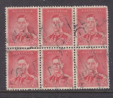 AUSTRALIAN PRE DECIMAL: 2d RED KGVI COFA WMK  DIE 1  BLOCK OF 6  USED