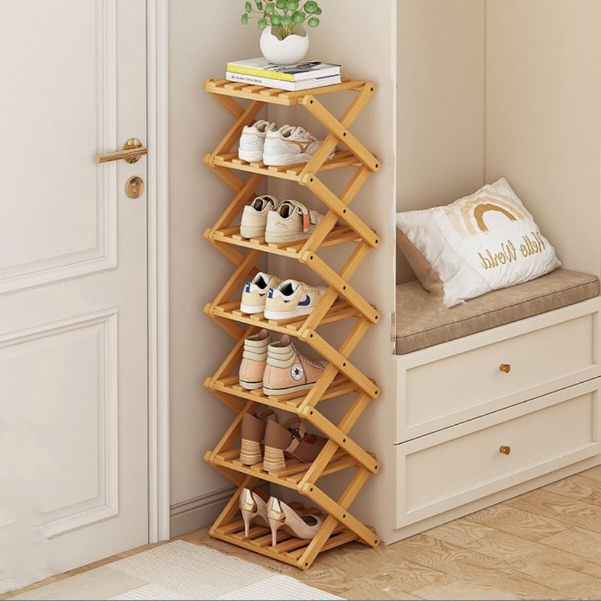 Bamboo Foldable Shoe Rack Organizer Free Standing Entryway Storage Shelf-image