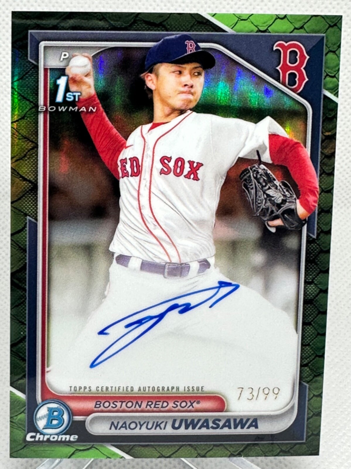 2024 1st Bowman Chrome Naoyuki Uwasawa Green Reptilian Auto /99 Red Sox