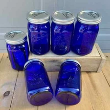 6 Cobalt BLUE vintage style QUART mason canning jars - NEW WIDE mouth 32 oz.