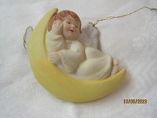 Vintage 1970's ceramic Christmas Ornament Angel in Crescent Moon 29