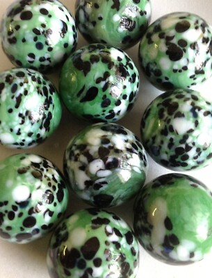 Glass Marbles Game Shooters 1''  - 10 pcs Handmade Green w/black & white spots
