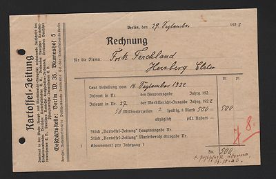 BERLIN, Rechnung 1922, Kartoffel-Zeitung Zeitschrift Einheitsverband Deutscher K