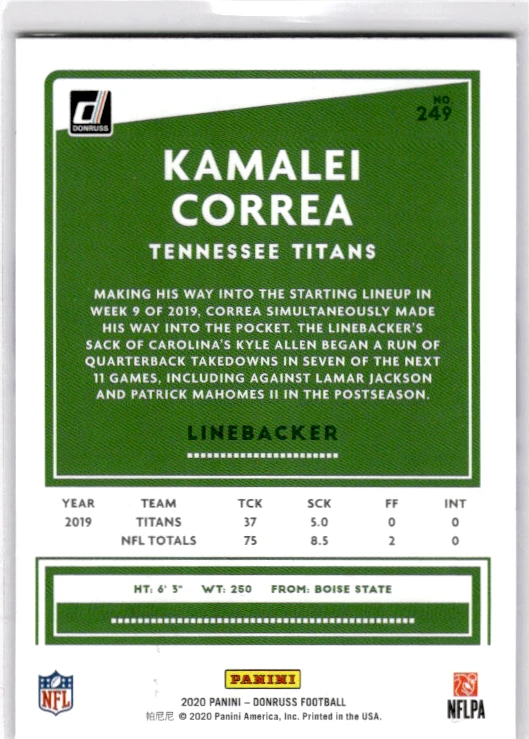 2020 Donruss Kamalei Correa #249 NFL Football Card – Rare Linebacker - Image 2 of 2