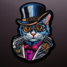 Cat In a Top Hat Patch Iron-on Applique Clothing Steam Punk Fantasy