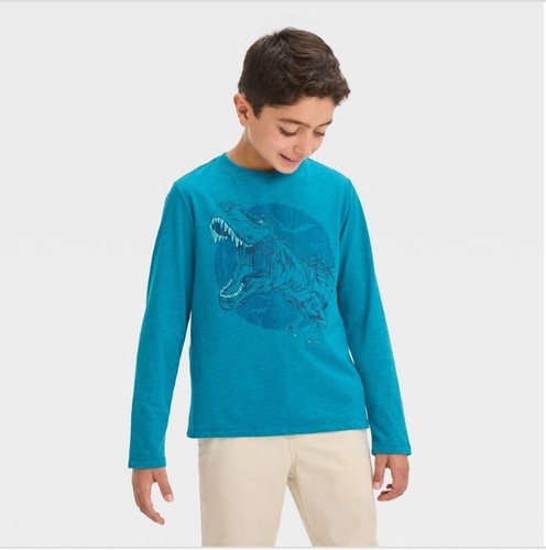 Cat & Jack Boys Teal Blue Dinosaur Graphic Long Sleeve T-shirt Size S (6/7) New! - Picture 2 of 7
