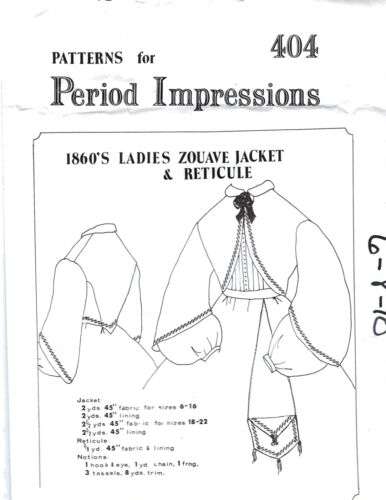 PERIOD IMPRESSIONS 404 1860's LADIES ZOUAVE JACKET & RETUICULE PATTERN UNCUT