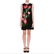 $4595 D&G Black Wool Silk Embroidered Tulips Mini Shift Dress sz 42 10