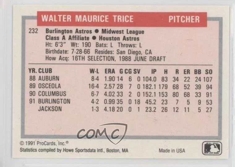 1991 ProCards Tomorrow's Heroes Wally Trice #232 - Image 2 of 2