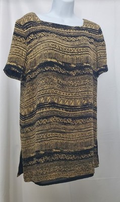 Liz Claiborne Black Gold Tunic Top Size 10 Boho Lined Rayon Blouse Career Versat