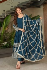 Stylish Look Faux Georgette Gown Bottom And Teal Blue Dupatta For Wedding Wear