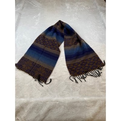Striped Geometric Pattern Scarf Made in Italy Acrylic Blue Brown Fringed