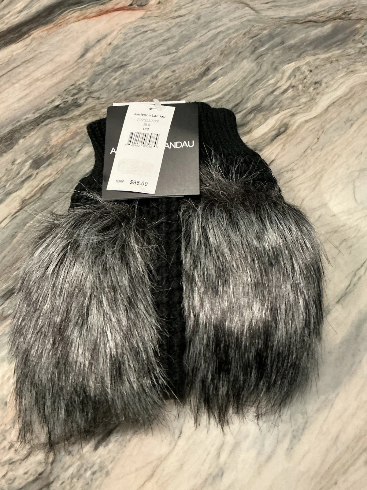 Adrienne Landau Black Faux Fur Fingerless Gloves Knit Mittens NWT RTL $95