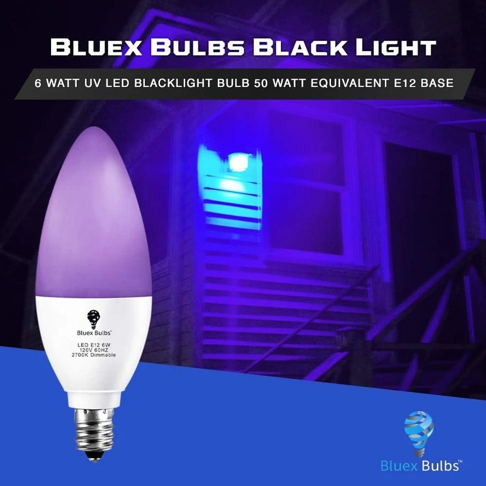 2 Pack LED Black Light Bulb 6W E12 Candle Blacklight Bulb Level 385 400nm Body - Image 3 of 4