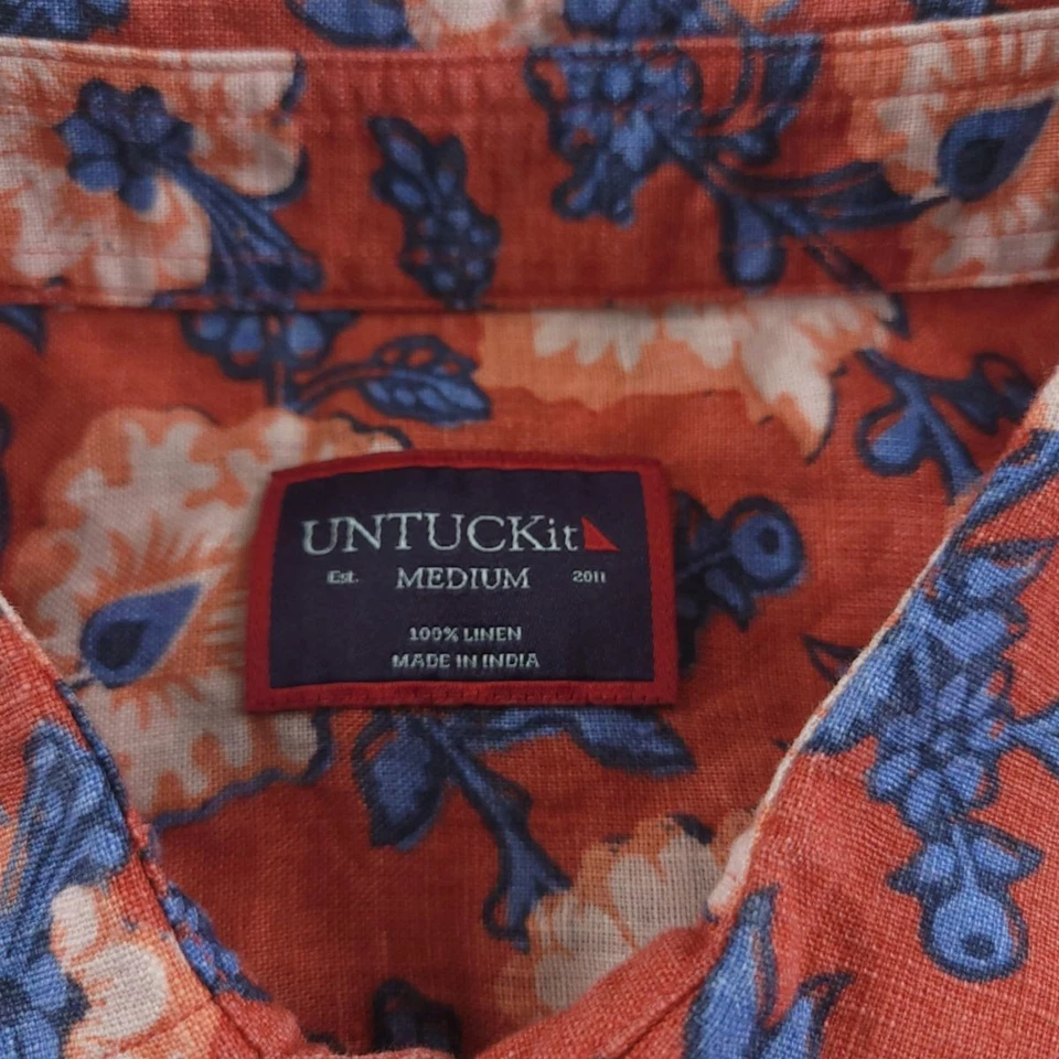 UNTUCKit Shirt Mens Medium Red Blue Floral 100 Linen Short Sleeve Casual - Image 4 of 4