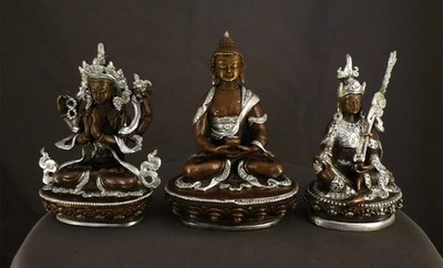 Buddhism Set of Lord Chenrezig, Lord Amitabha Buddha Guru Rinpoche Copper Statue