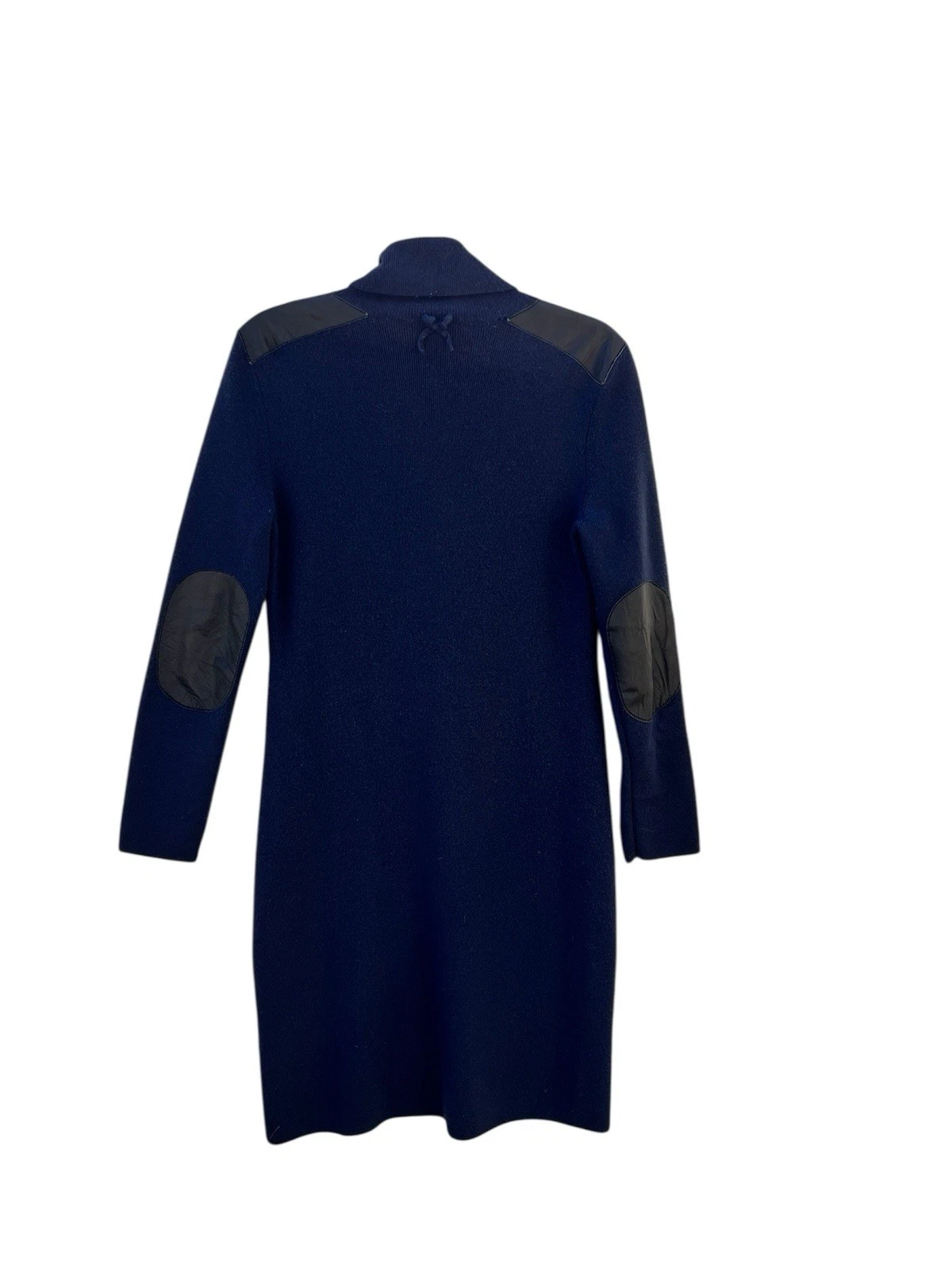 Mini abito Kate Spade misto lana blu navy con toppa in pelle sulle maniche grande