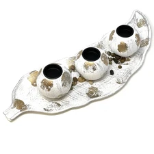 Allgala Wooden Candle Holder Tray 3 Ball Orbs Set with Pebbles, White Gold