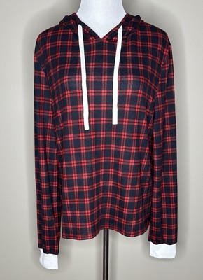 Pink Lily womens red black plaid hooded knit top size L.