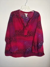 Catherines Women's 2X Red Multicolor Long Sleeve Pullover Tunic Blouse Pristine