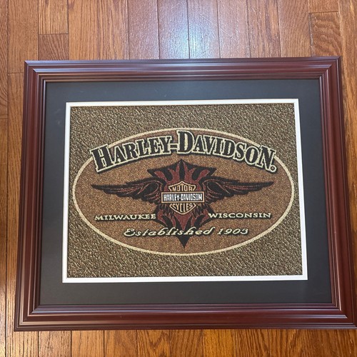 Vintage Thread Art Tapestry Matted Framed Harley Davidson Excellent No Glass