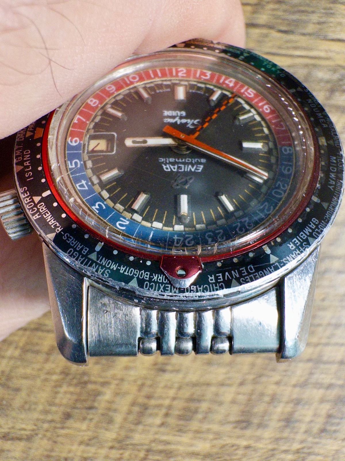Vintage Enicar Sherpa Guide GMT Watch 43mm ref 145-35-01A on Original Bracelet image 5