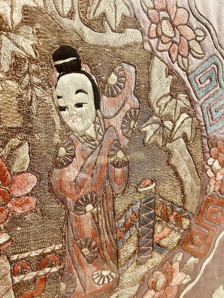 "Deidades Fu Lu antiguas chinas enmarcadas de seda y oro bordado 30""x25""" Foto 2 de 4