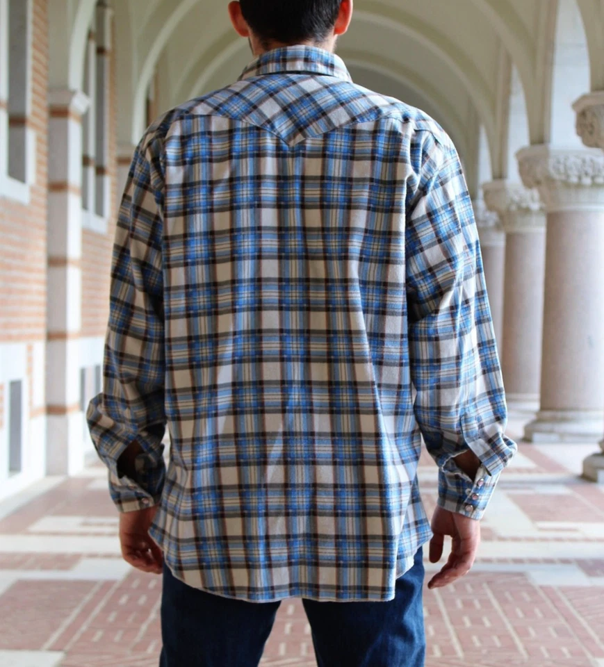 Винтажная фланелевая рубашка 1970-х H Bar C Ranchwear синяя клетчатая мужская 18–35 - Изображение 4 из 4