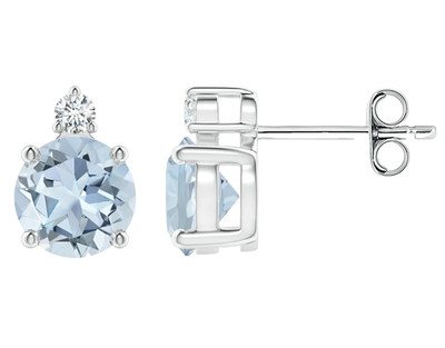 14k Solid Gold Aquamarine & Diamonds Stud Earrings Round Cut 1.47 Ctw Women Gift
