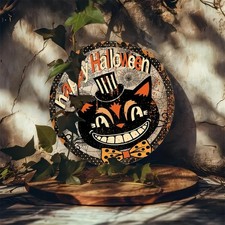 Tin Metal Sign Halloween Black Cat Round Iron Wall Decor 8x8