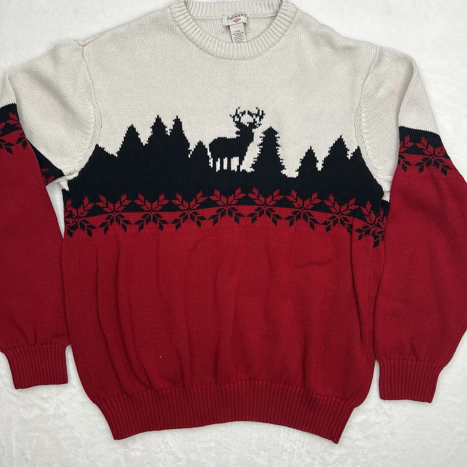Suéter Tejido DOCKERS Para Hombre Grande Rojo Negro Fair Isle Ciervo Escénico Invierno Caza de Alces Foto 4 de 4