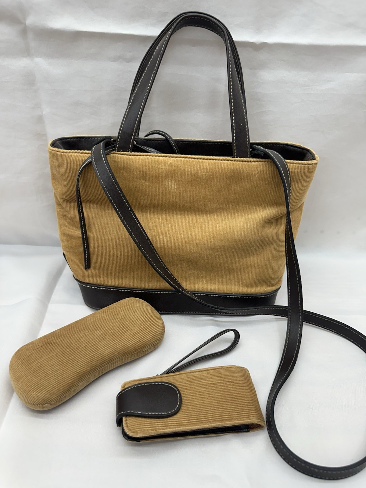 Vintage GC America Tan Corduroy Bag, Leather Trim + Glasses Case & Wristlet