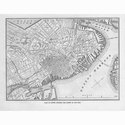 Boston Massachusetts Karte zeigt das Ausmaß des Feuers - antiker Druck 1872